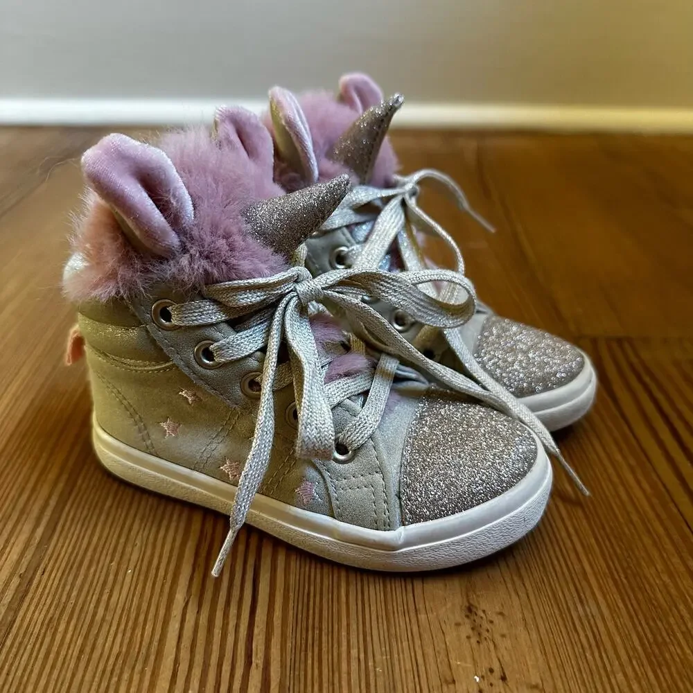 Cat & Jack Angelynn beige glitter fur unicorn high top sneakers SIZE 7‎ - Picture 5 of 6